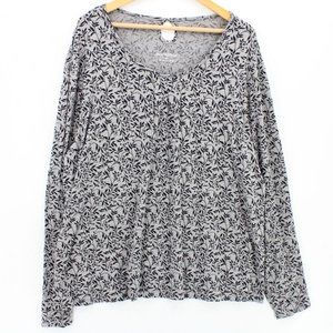 North Style Blouse Top Womens PLus Gray Floral Pattern Long Sleeve Stretch 2X